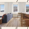 a spacious living area with bright lighting